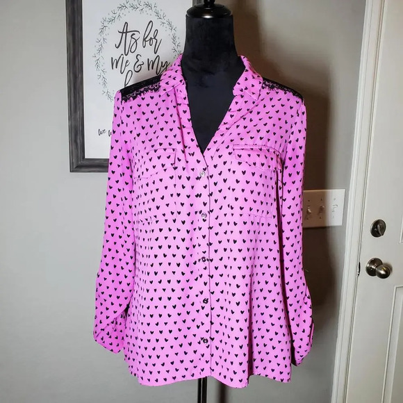 Candie's Medium Purple Black Heart Lace Blouse Roll Tab Sleeves Size Medium - Picture 1 of 12